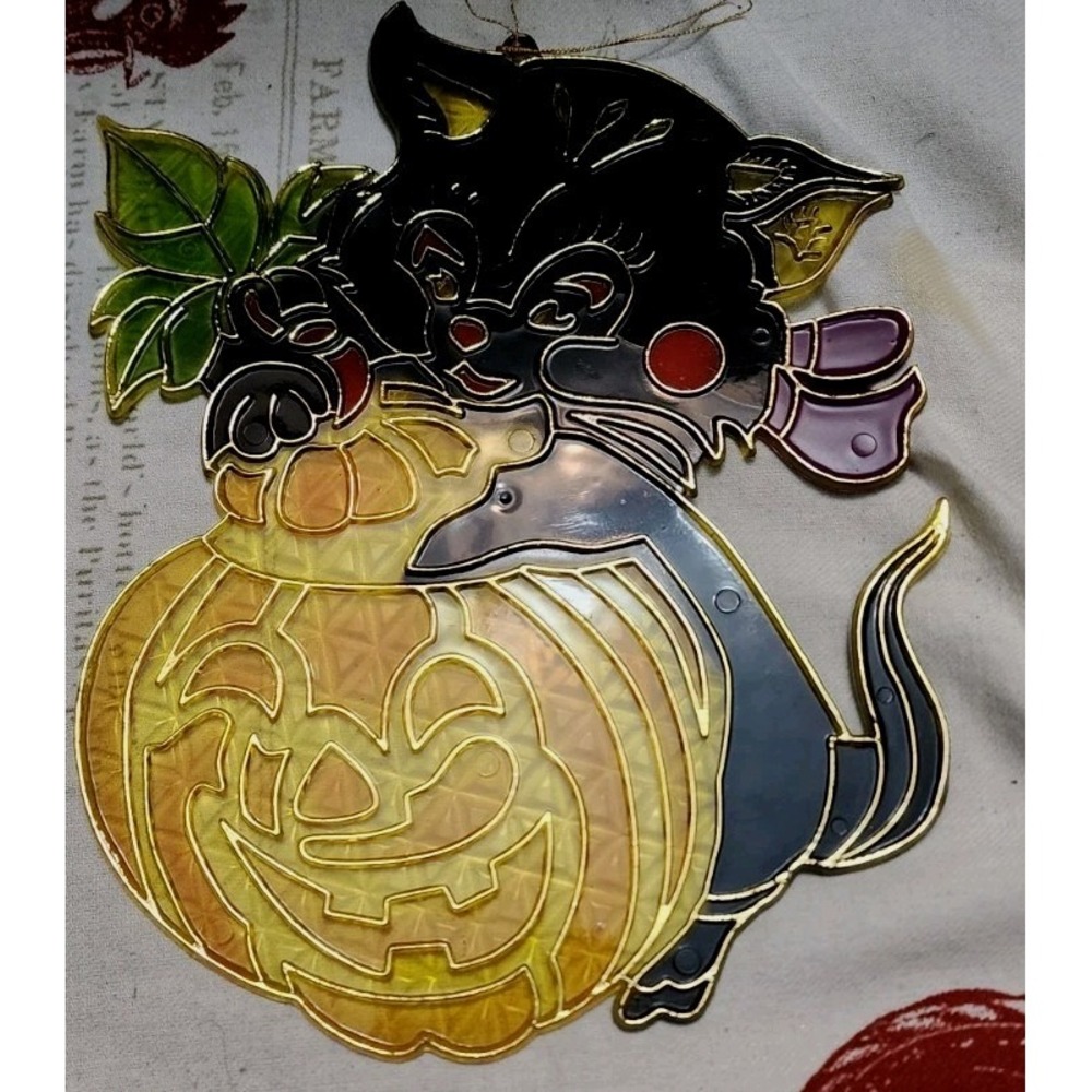 Vintage Plastic Stained Glass Sun Catcher Cat Black Halloween Decoration Spooky